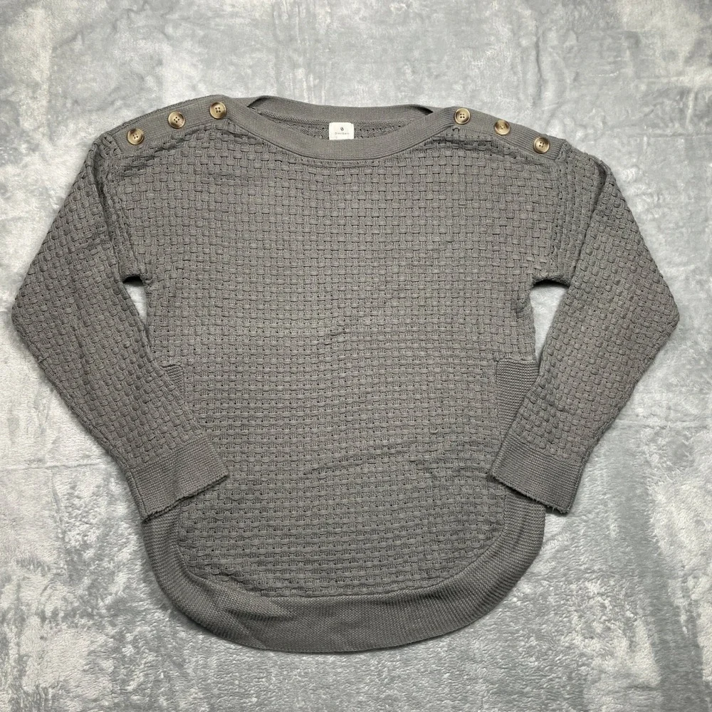 Dressbarn Sweater Womens Medium Gray Button Shoulder Basketweave Knit Pullover